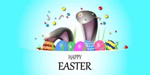Happy Easter template with chocolate Easter eggs with candy and bunny ears