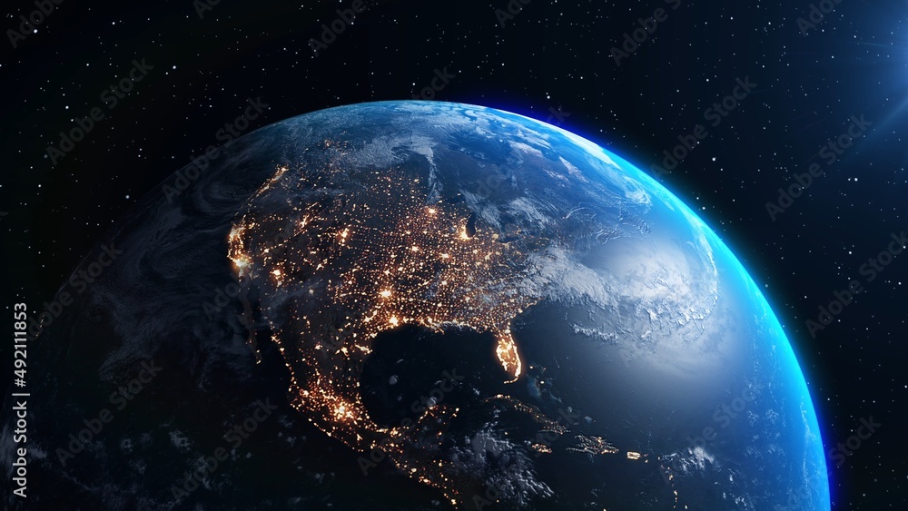 Poster planet earth with realistic geography surface and orbital 3d cloud atmosphere . outer space view of 