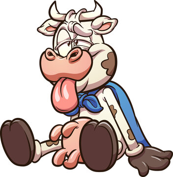 Sitting super cow with tired face. Vector illustration with simple gradients. All on a single layer. 
