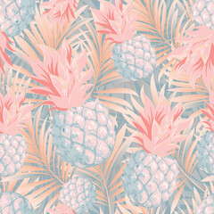 Pineapples with palm trees. Seamless pattern with ripe juicy tropical fruits and plants. Vector image. 