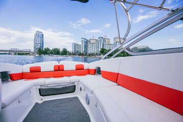Interior of a stunning modern private sailing catamaran, luxury yacht seats
