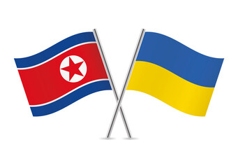 North Korea and Ukraine crossed flags. North Korean and Ukrainian flags isolated on white background. Vector icon set. Vector illustration.