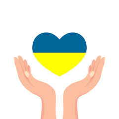 Hands holding heart in blue and yellow colors. Ukrainian flag. Stop russian war in Ukraine