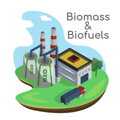 Biofuel renewable energy as an alternative green gas concept. Bio fuel pump station with vehicles in clean air environment without greenhouse gases and CO2 emissions vector illustration.