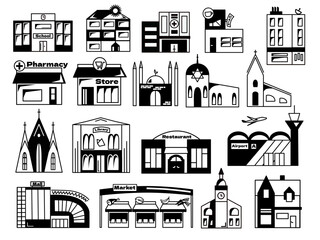 building icons. Vector graphics. Black and white.