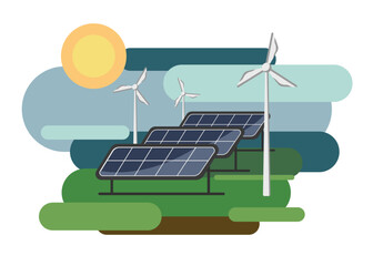 green energy eco friendly house electric car charging alternative smart home concept wind turbines solar panels  vector illustration