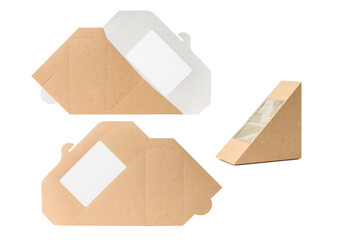 Triangular paper container for a sandwich and a folded blank on a white isolated background. Instructions, template for applying the logo.