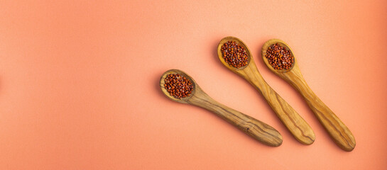 Red quinoa seeds in three wooden spoons - Chenopodium quinoa