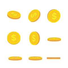 Gold coin of one dollar. Isolated, flat, golden money, token - obrazy, fototapety, plakaty