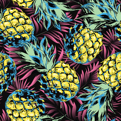 Pineapples with palm trees. Seamless pattern with ripe juicy tropical fruits and plants. Vector image. 