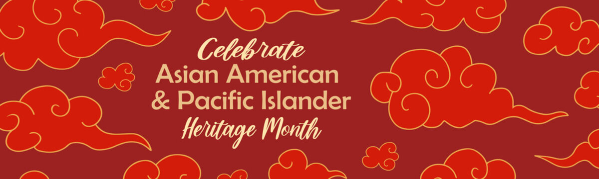Asian American, Pacific Islanders Heritage month - celebration in USA. Vector banner with abstract shapes and lines in traditional Asian colors. Greeting card, banner