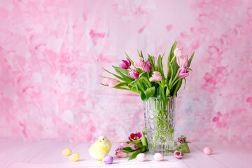 spring tulips on pink background. Greeting card for mothers day