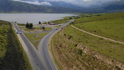 beautiful landscape with green mountains and lake in northwest Argentina
