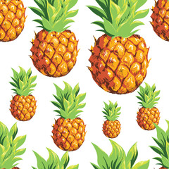 Pineapples with palm trees. Seamless pattern with ripe juicy tropical fruits and plants. Vector image. 