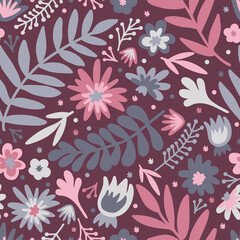 Fototapeta na wymiar Flower. Scandinavian doodle seamless pattern with colorful flowers and leaves. Scandi. Isolated