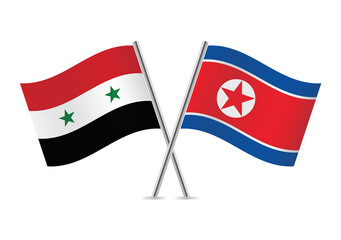 Syria and North Korea crossed flags. Syrian and North Korean flags isolated on white background. Vector icon set. Vector illustration.