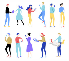 Set of people in different poses standing looking at their devices, organic style and abstract. Vector illustration.