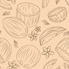 Coconut tropical seamless pattern with plumeria. Outline