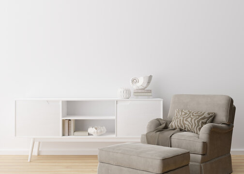 Empty white wall in modern living room. Mock up interior in contemporary, scandinavian style. Free, copy space for picture, poster, text, or another design. Armchair, console, sculpture. 3D rendering.