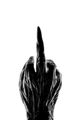 Creepy monster hand showing a middle finger isolated on white background