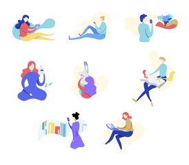 Set of people in different poses, sitting, dealing, looking at their devices. Vector Illustration. 