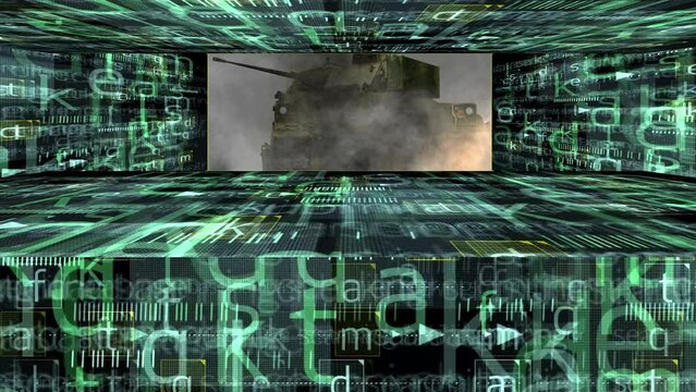 cyberwarfare hacking computer secret code as military tank engages in battle