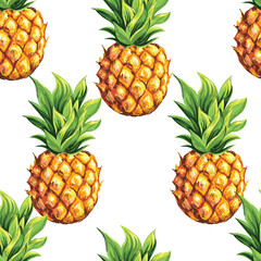 Pineapples with palm trees. Seamless pattern with ripe juicy tropical fruits and plants. Vector image. 