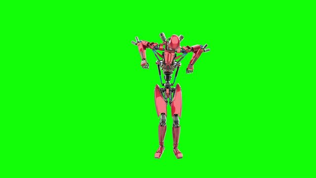super robot is angry and jumping on green chroma key background