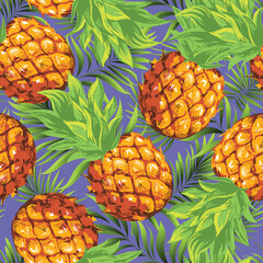 Pineapples with palm trees. Seamless pattern with ripe juicy tropical fruits and plants. Vector image. 