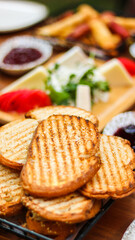 Toasts and turkish breakfast on the table