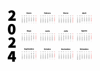 2024 year simple horizontal calendar in spanish language, typographic calendar isolated on white - 492118227