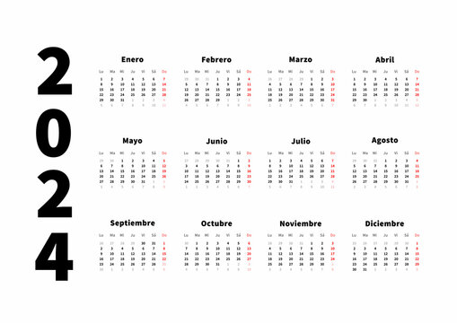2024 year simple horizontal calendar in spanish language, typographic calendar isolated on white
