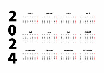 2024 year simple horizontal calendar in german language, typographic calendar isolated on white - obrazy, fototapety, plakaty
