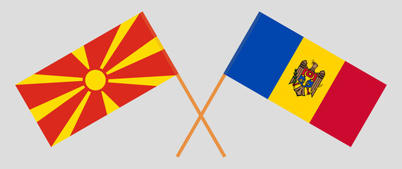 Crossed flags of North Macedonia and Moldova. Official colors. Correct proportion