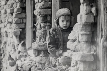 Child and war. Little, poor boy in the ruins of a bombed house.