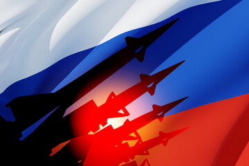 Silhouette of missiles on a background of the flag of Russia and the sun. Nuclear weapon concept.