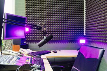 rooms of a professional radio studio. microphone and mixing console. 