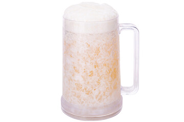 Full beer mug with beer foam and ergonomic handle isolated on white background with copy space