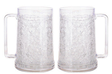 Two empty beer mugs with ergonomic handle isolated on white background with copy space