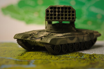 Model of panzer rocket launcher vehicle of Russian army on map