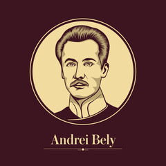 Vector portrait of a Russian writer. Andrei Bely was a Russian novelist, Symbolist poet, theorist and literary critic. He was a committed antroposophist and follower of Rudolf Steiner.