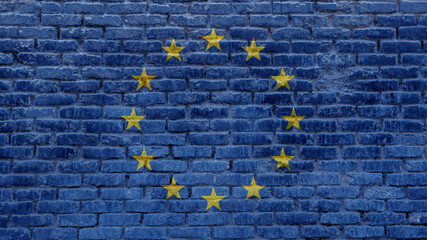 European Union flag on brick wall background. Exterior old stone bricks texture