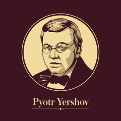 Vector portrait of a Russian writer. Pyotr Yershov was a Russian poet and author of the famous fairy-tale poem The Little Humpbacked Horse (Konyok-Gorbunok).