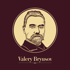 Vector portrait of a Russian writer. Valery Bryusov was a Russian poet, prose writer, dramatist, translator, critic and historian. He was one of the principal members of the Russian Symbolist movement