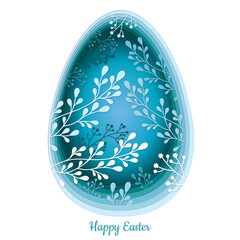Happy easter card with ornate egg cutout blue