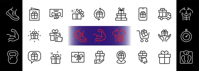 Gifts Linear Icons Set contains Gift Box, Gift Buying, Gift Delivery, Gift Geolocation mobile application, Gift notification, SMS. Editable Barcode, Vectar Icons