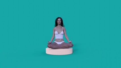young beautiful woman meditates on a colored background 3D illustration