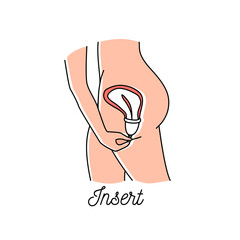 How to use woman menstrual cup during periods. Instruction how to insert blood cup to womans body. Line art icon set vector illustration