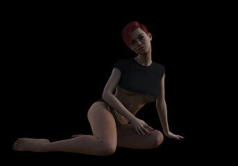 beautiful mature woman with short red hair and torn black shirt and in panties poses on a dark background, 3D illustration