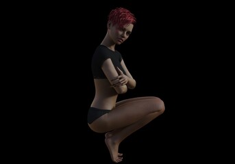 beautiful mature woman with short red hair and torn black shirt and in panties poses on a dark background, 3D illustration